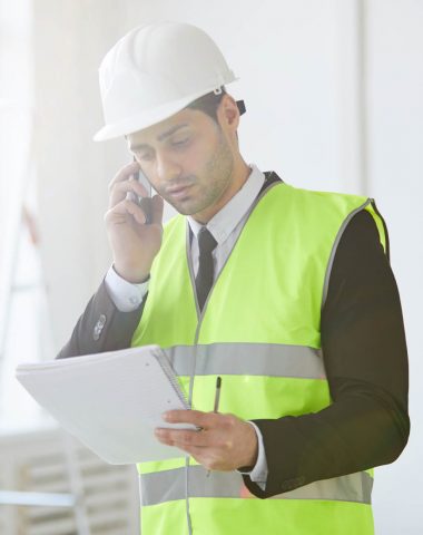 Waist up portrait of project manager wearing hardhat speaking by phone while standing on construction site, copy space